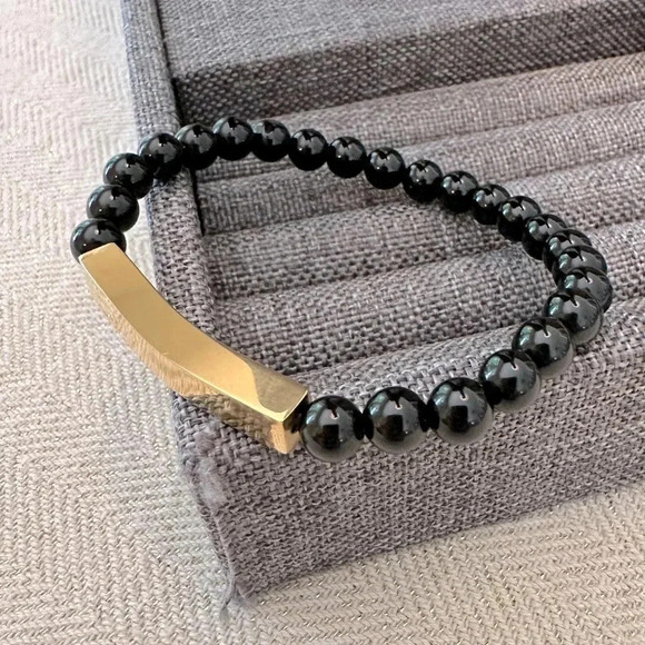Genuine Onyx Beaded 18k PVD Stainless Steel Bar Stretch Bracelet Waterproof - Picture 1 of 5